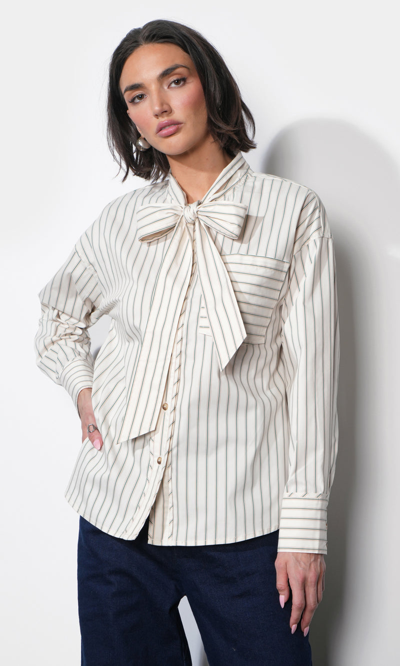 Danica Oversized Stripe Button Up Shirt W/ Tie Neck