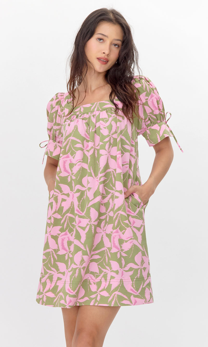 Vienna Print Square Neck Mini Dress with Tie Sleeve