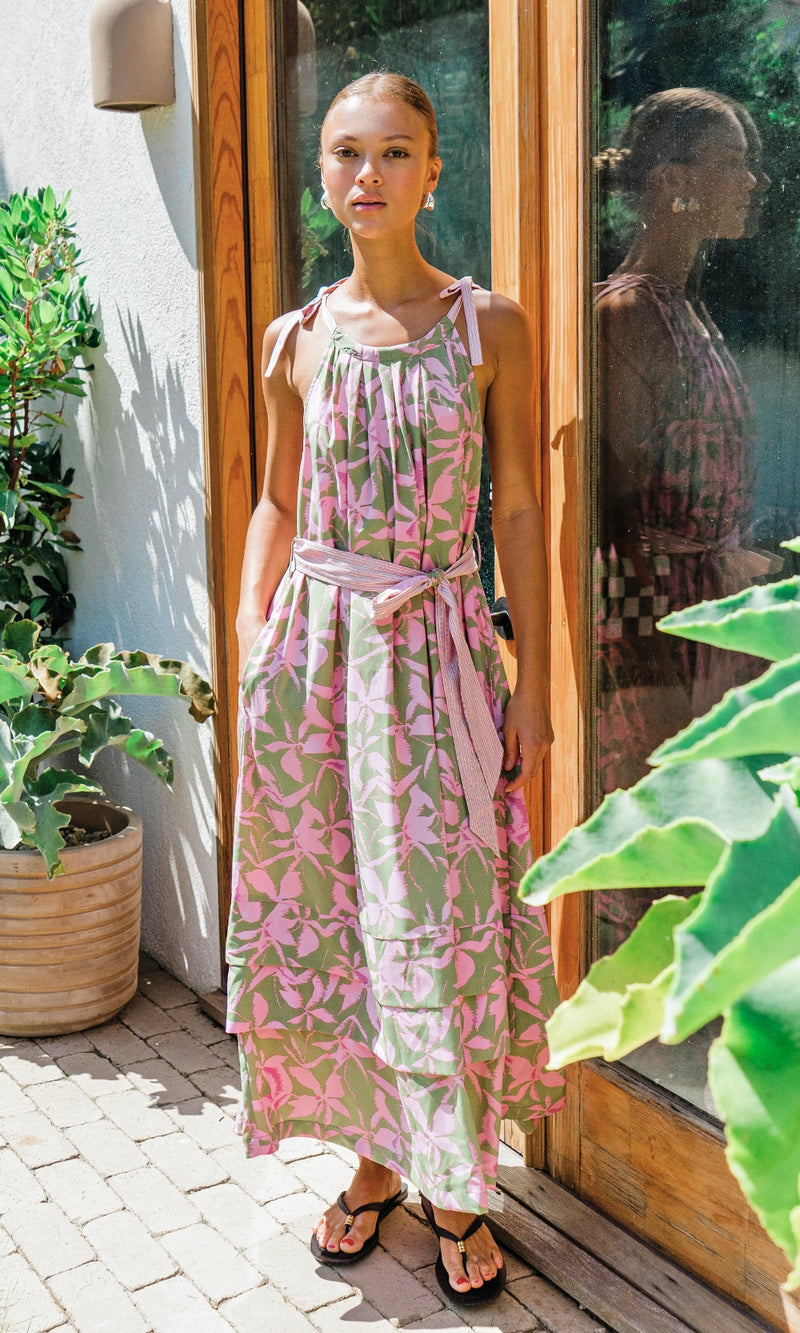 Nali Print Tie Shoulder Maxi Dress