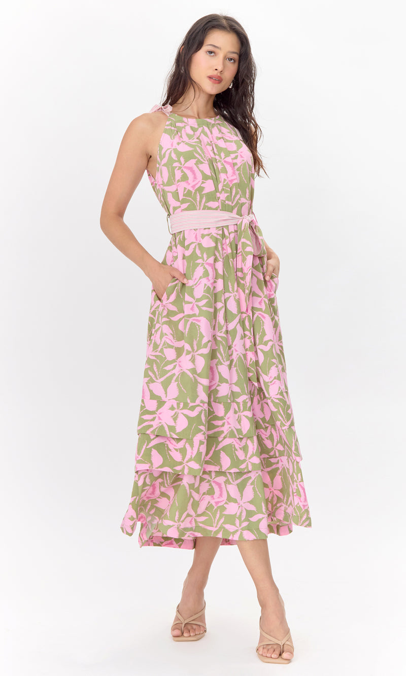 Nali Print Tie Shoulder Maxi Dress