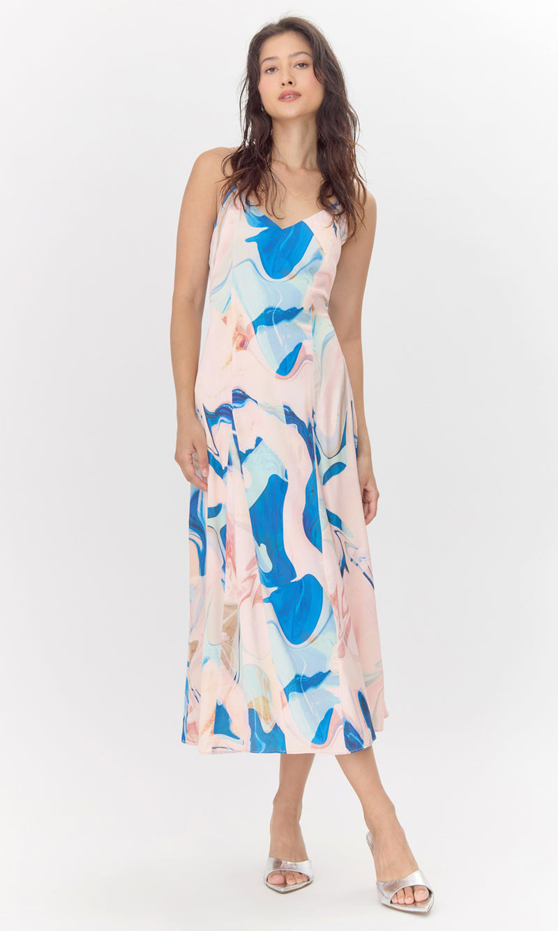 Soph Watercolor Print Satin Flowy Slip Dress