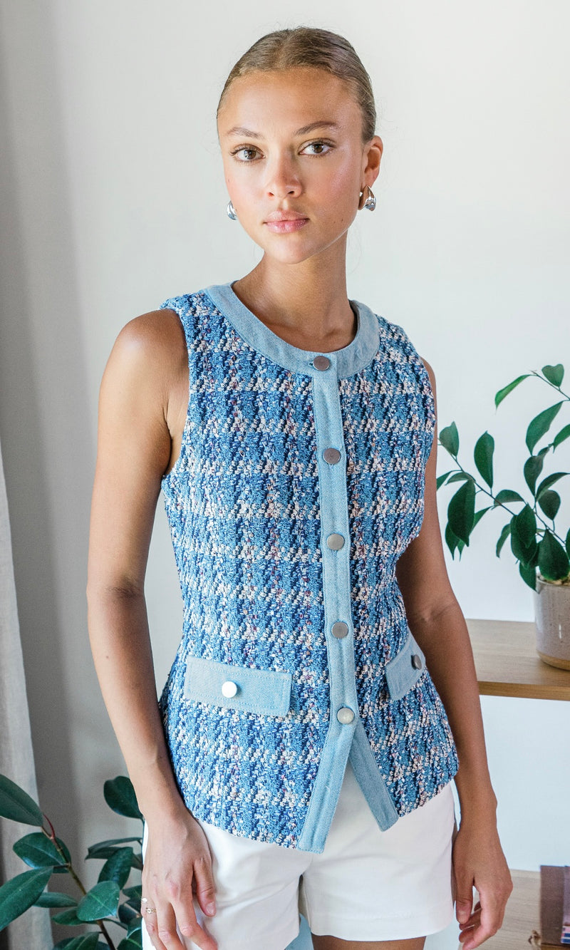 Lorinda Mixed Media Tweed/Denim Vest