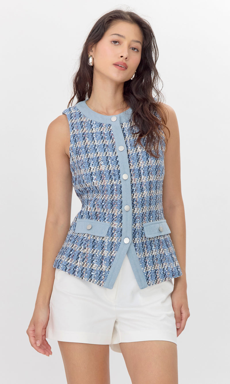 Lorinda Mixed Media Tweed/Denim Vest