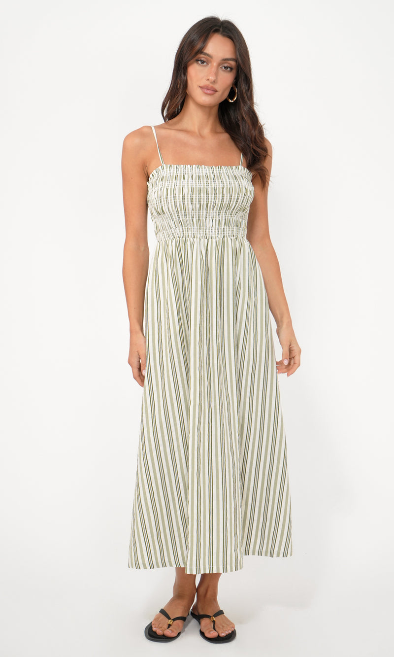 Lanis Stripe Smocking Removable Strap Midi Dress