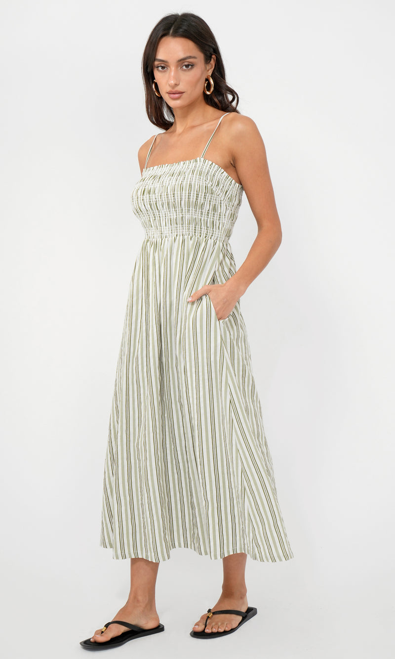 Lanis Stripe Smocking Removable Strap Midi Dress