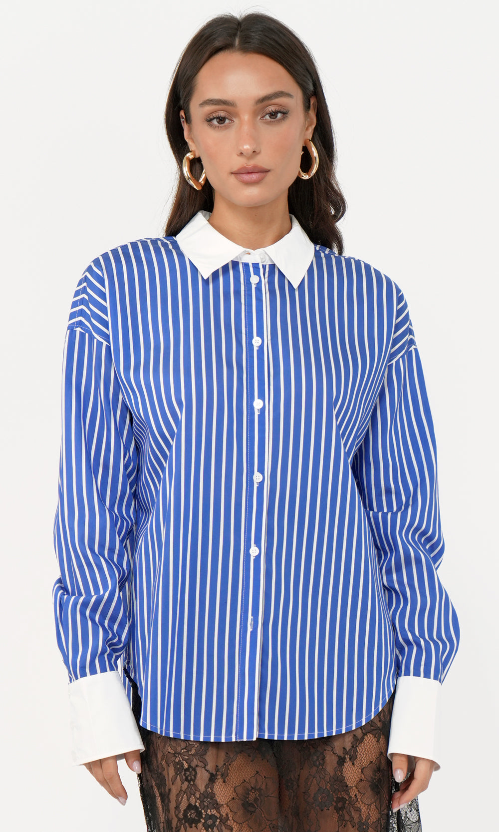 Geneviv Oversized Bold Stripe Shirt w/ Contrast Cuff