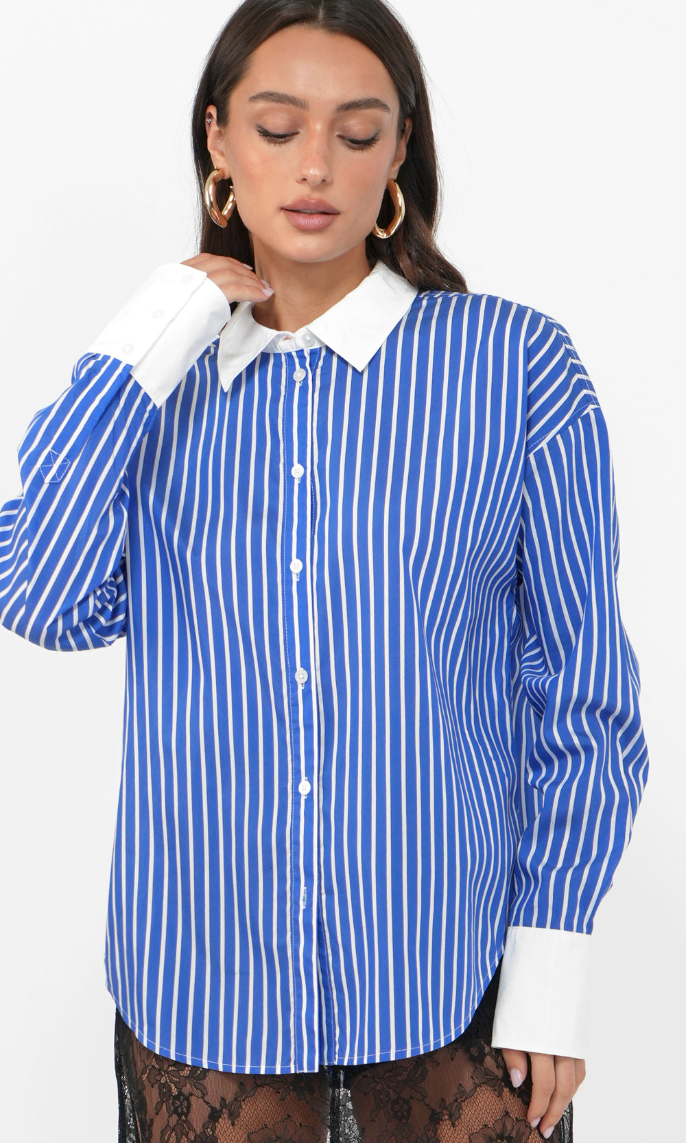 Geneviv Oversized Bold Stripe Shirt w/ Contrast Cuff