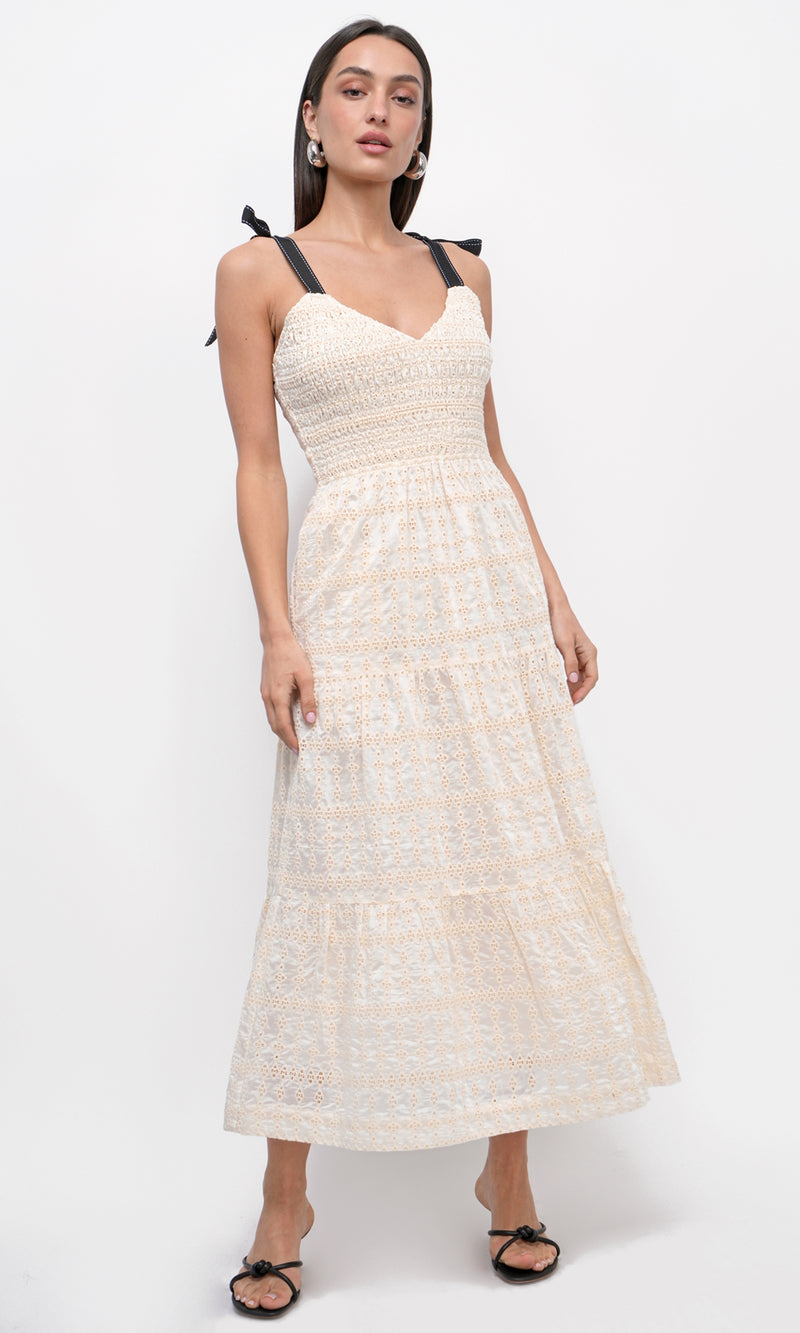 Jayla Embroidery Eyelet Smocked Midi Dress