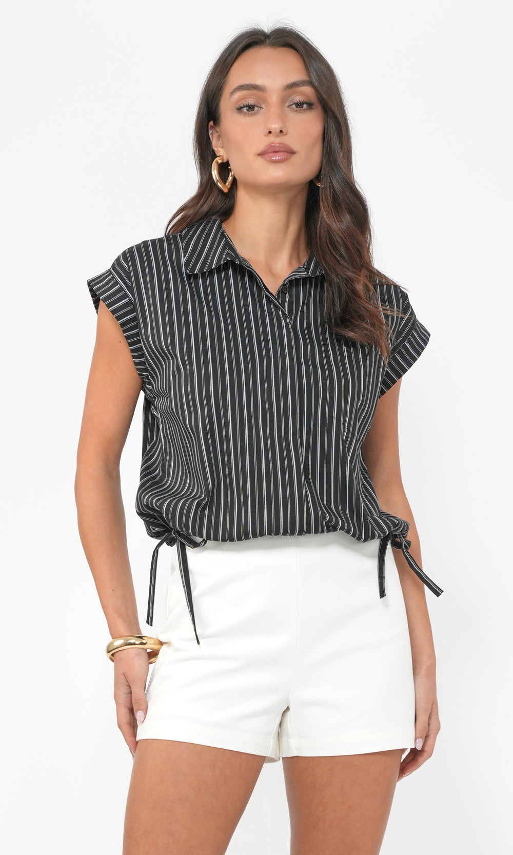Mallory Cropped Button Down w/ Side Drawstring