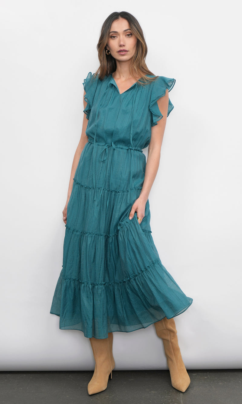 Yvonne Textured Flutter Sleeve Tiered Midi Dress w/ Drawstring