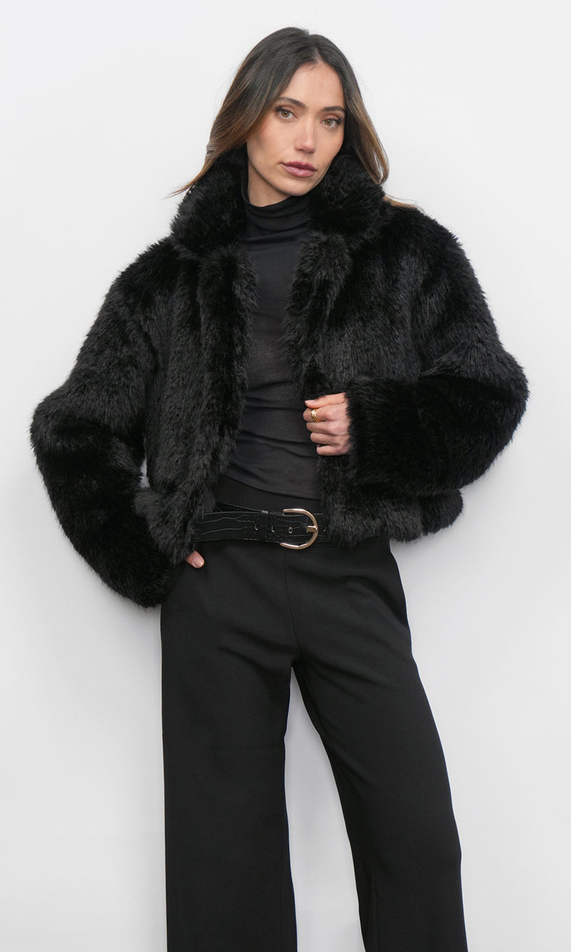 Maddox Shaggy Faux Fur Cropped Black Coat