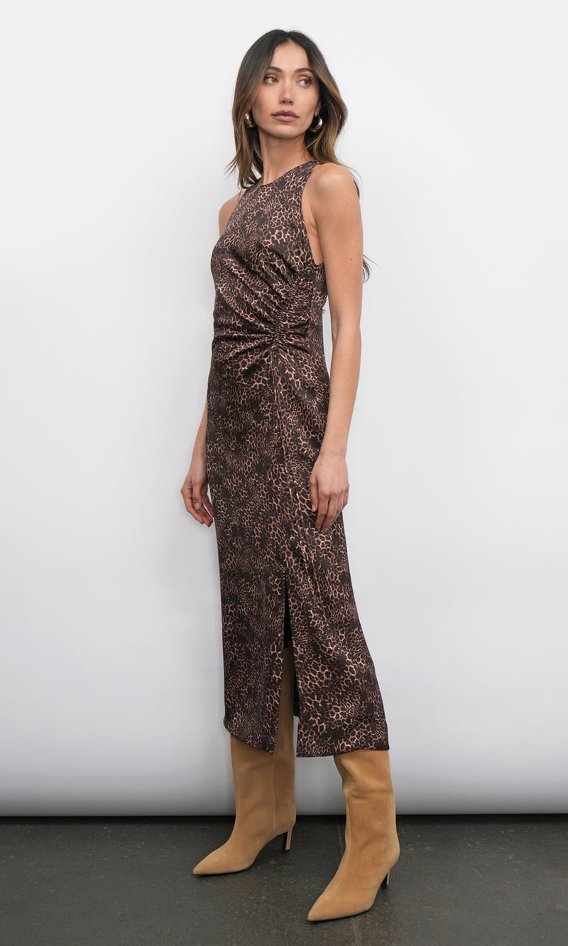 Marli Ruched Tie Front Midi Dress