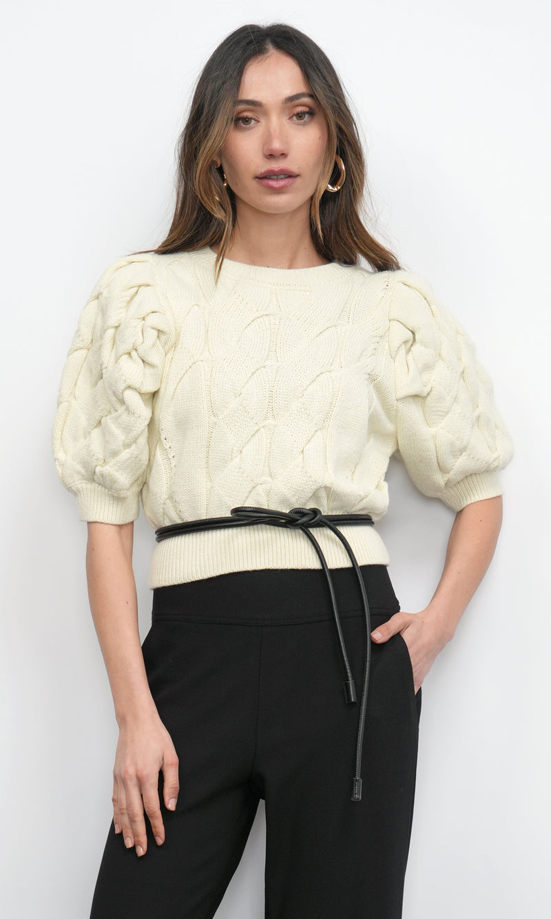 Hallie Cable Knit Puff Sleeve Sweater Top G258WT6098